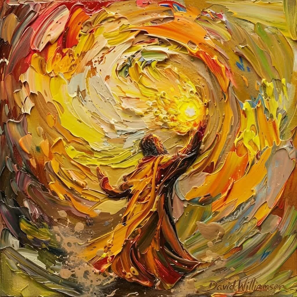 Warm abstract contemplative artwork with a figure moving toward light